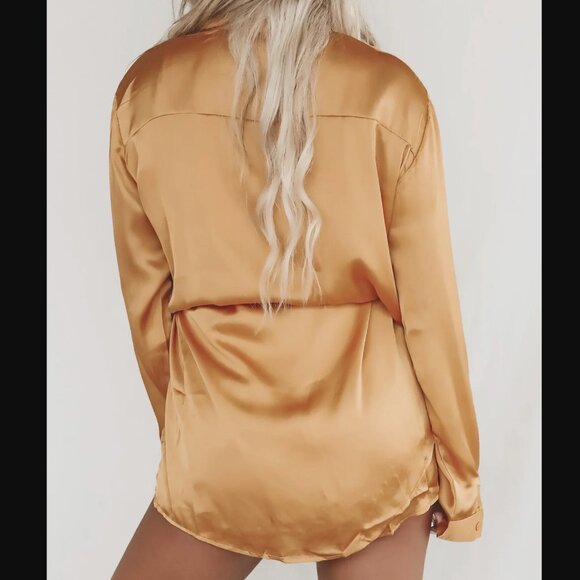 Shirt Dress Romper in Gold Honey Satin Waist Tie Long Sleeve Button Down - Picture 3 of 6